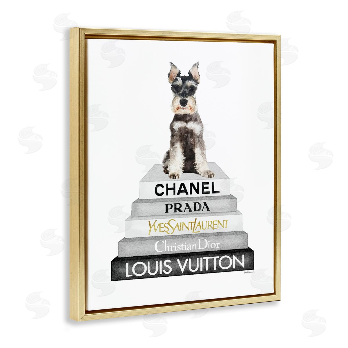 Amanda Greenwood Schnauzer Puppy on Books Gold Floater Frame Canvas Artside_