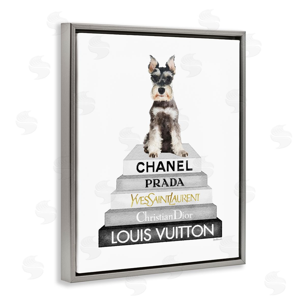 Amanda Greenwood Schnauzer Puppy on Books Gray Floater Frame Canvas Artside_