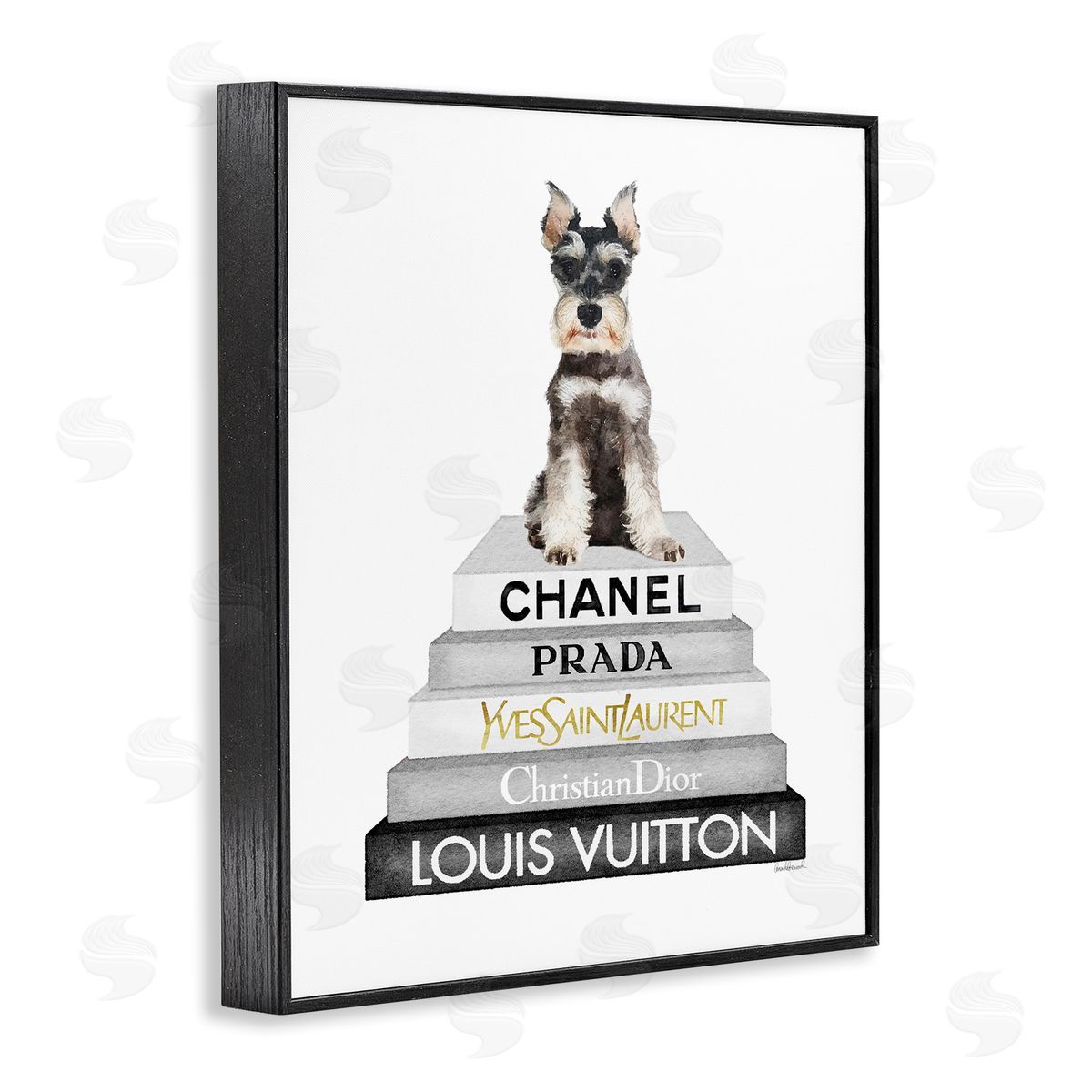 Amanda Greenwood Schnauzer Puppy on Books Black Framed Giclee Wall Artside_