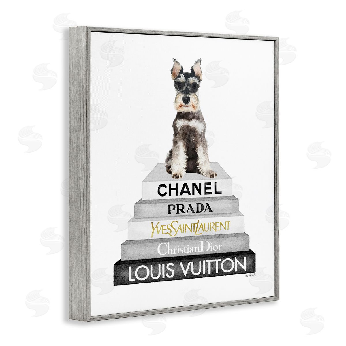 Amanda Greenwood Schnauzer Puppy on Books Gray Framed Giclee Wall Artside_