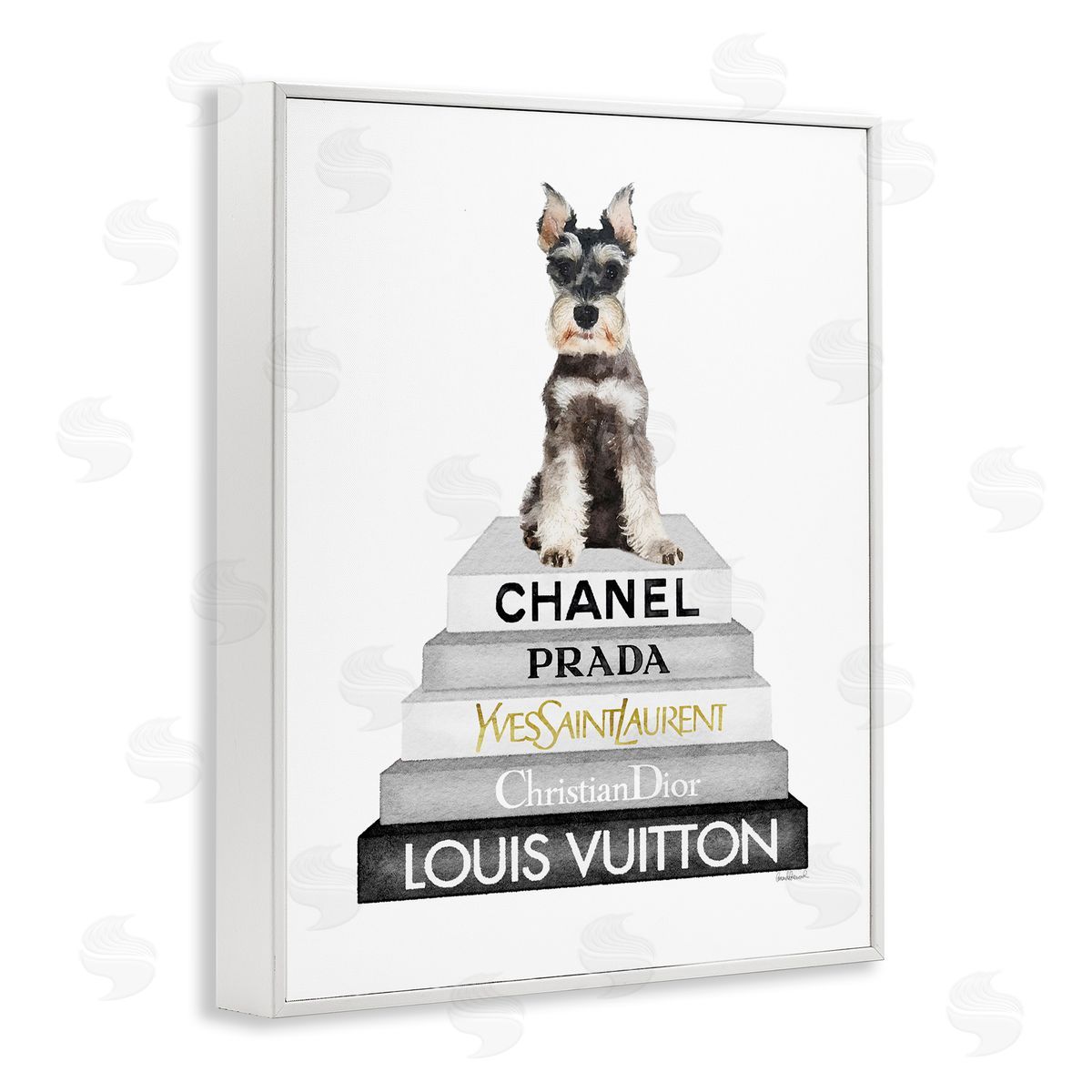 Amanda Greenwood Schnauzer Puppy on Books White Framed Giclee Wall Artside_