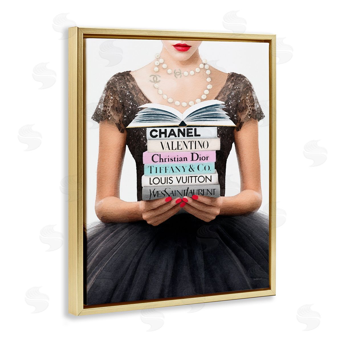 Amanda Greenwood Girl with Fashion Books Gold Floater Frame Canvas Artside_