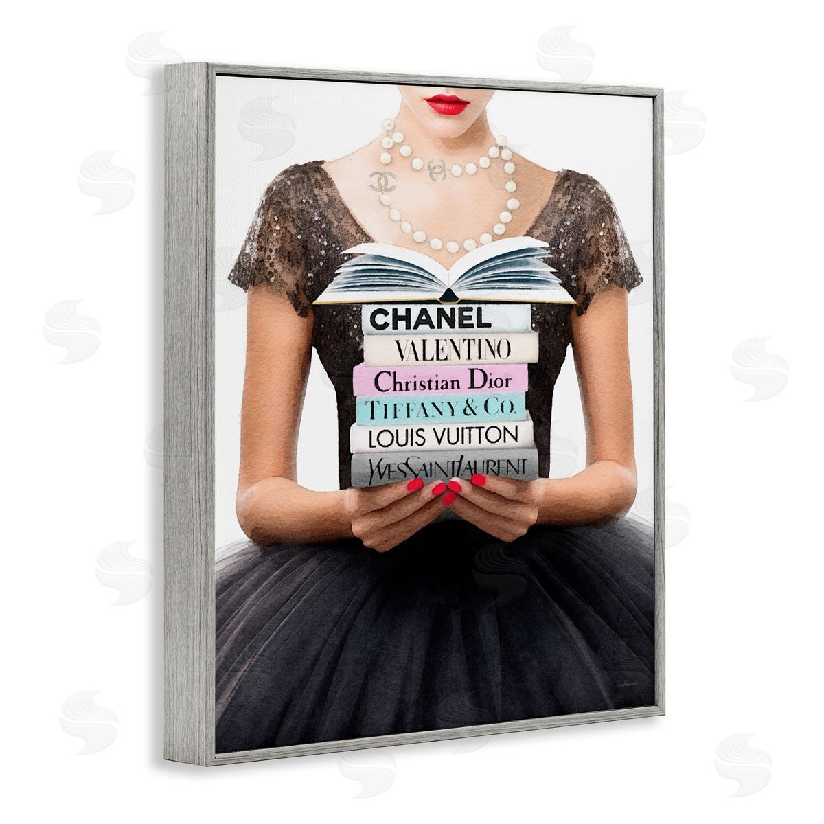 Amanda Greenwood Girl with Fashion Books Gray Framed Giclee Wall Artside_