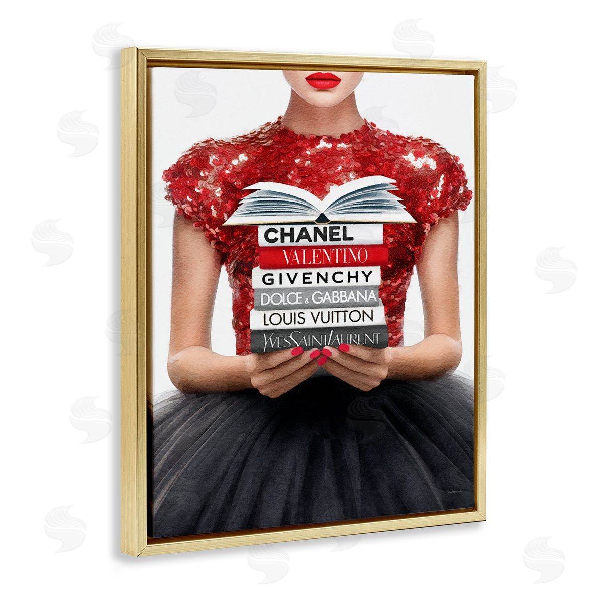 Amanda Greenwood Red Fashion Books Girl Gold Floater Frame Canvas Artside_