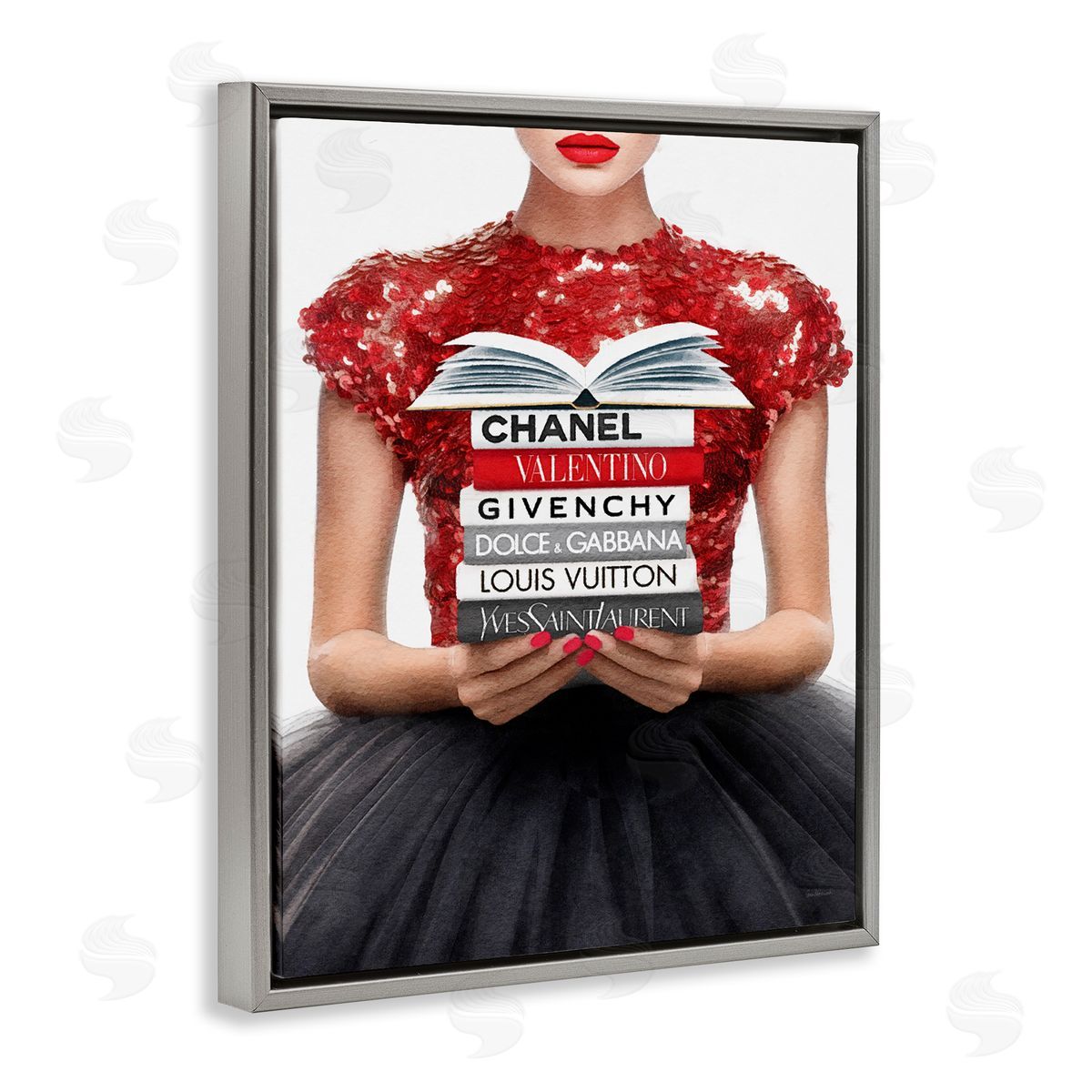 Amanda Greenwood Red Fashion Books Girl Gray Floater Frame Canvas Artside_
