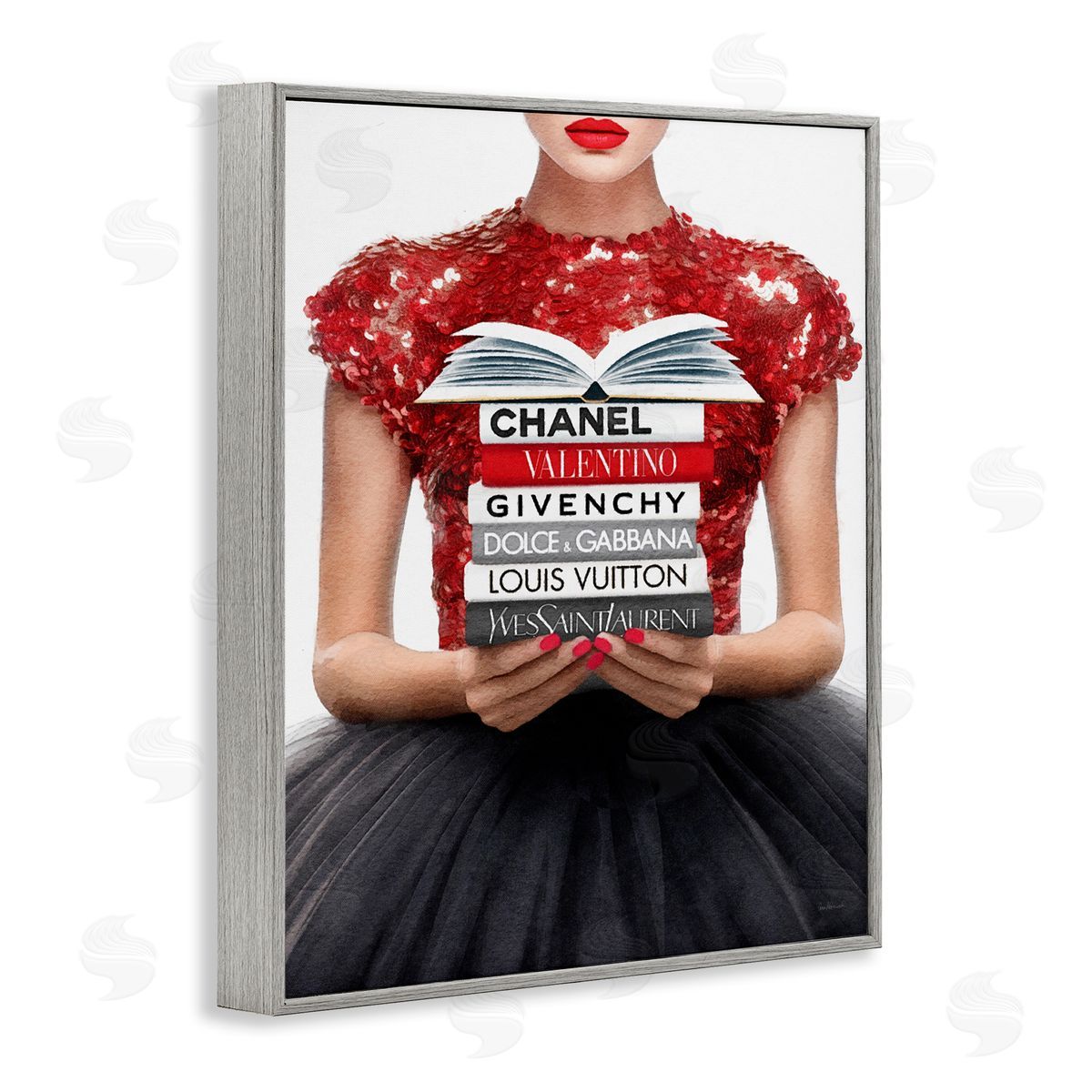 Amanda Greenwood Red Fashion Books Girl Gray Framed Giclee Wall Artside_