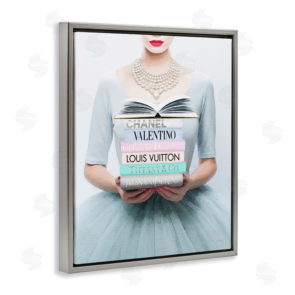 Amanda Greenwood Woman with Glam Books Gray Floater Frame Canvas Artside_