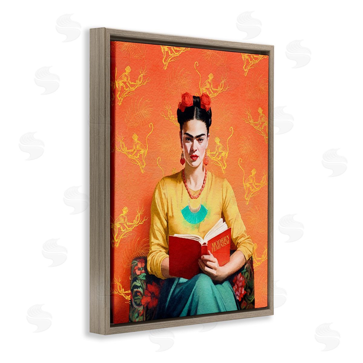 Modern Frida Kahlo Brown Floating Frame Canvas Wall Art, Home Decor by Amanda Greenwood