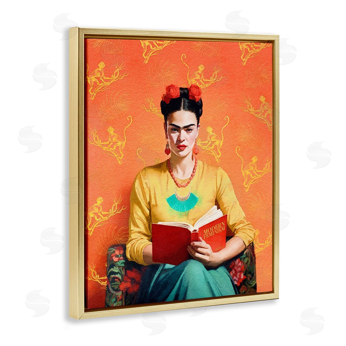 Modern Frida Kahlo Gold Floating Frame Canvas Wall Art, Home Decor by Amanda Greenwood