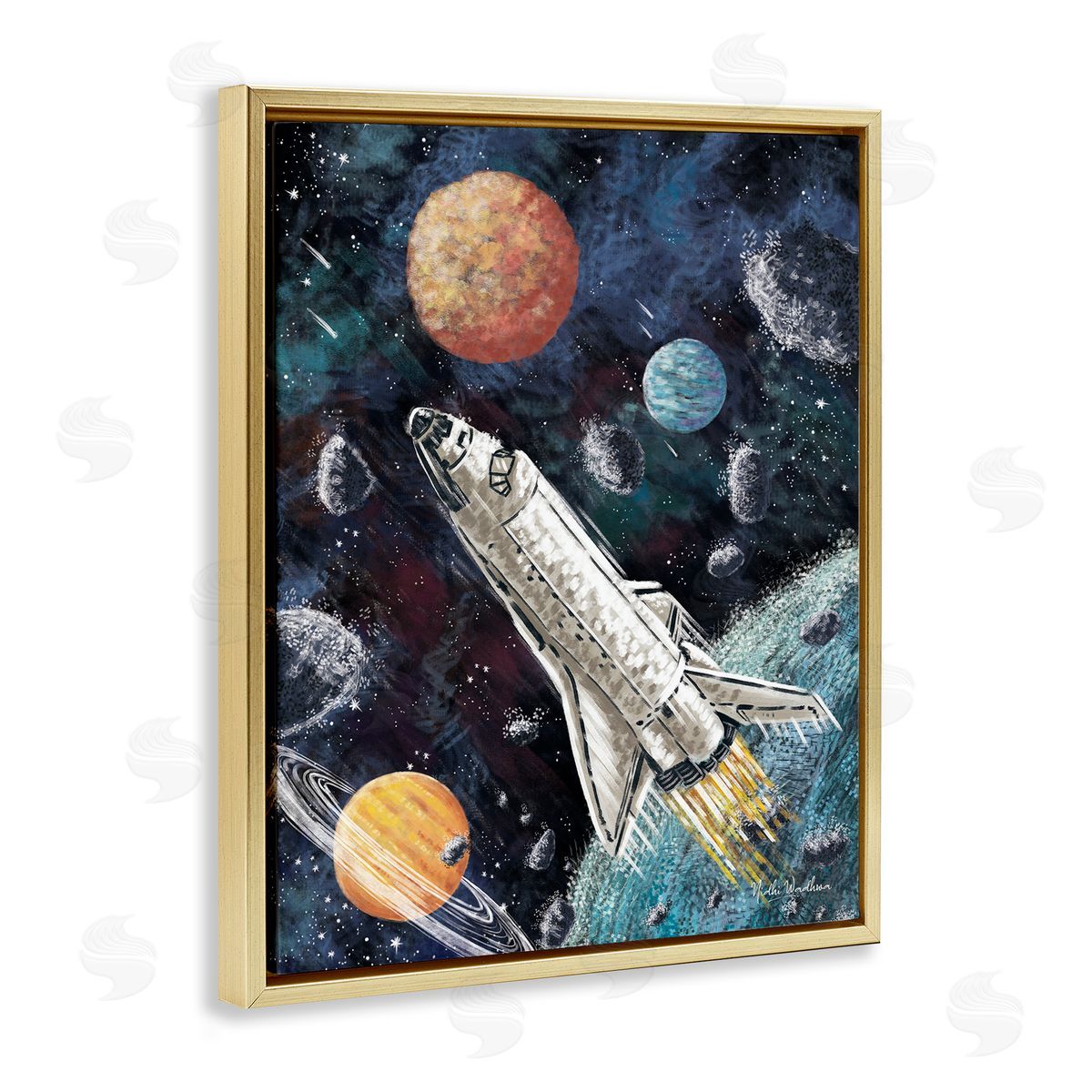 Nidhi Wadhwa Spaceship in Outer Space Gold Floater Frame Canvas Artside_