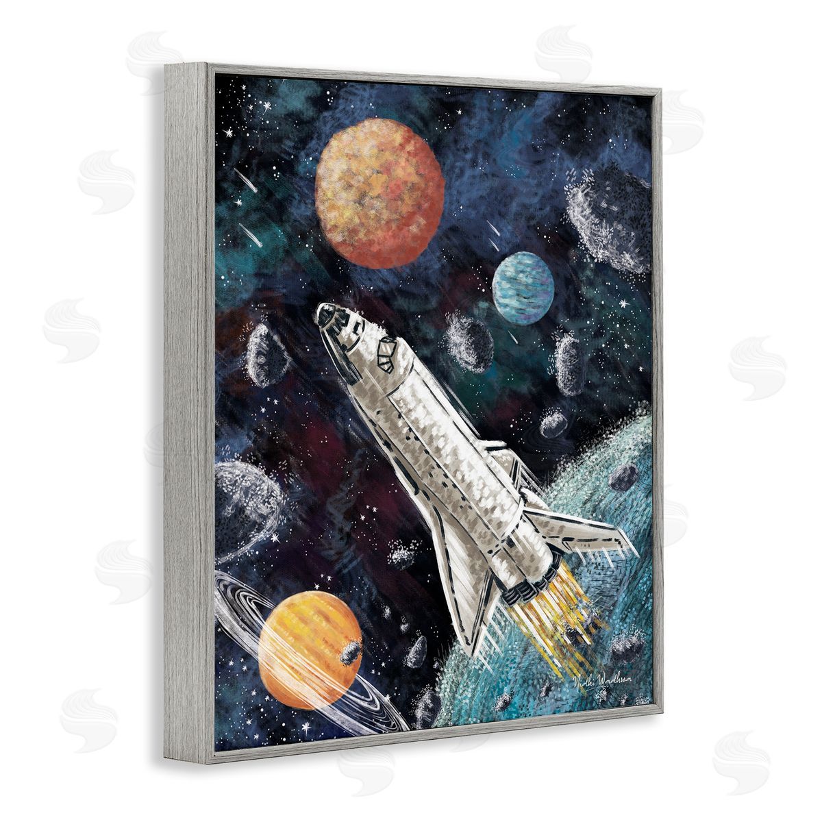 Nidhi Wadhwa Spaceship in Outer Space Gray Framed Giclee Wall Artside_