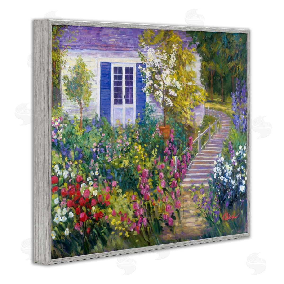 Alexi Fine Garden Cottage House Gray Framed Giclee Wall Artside_