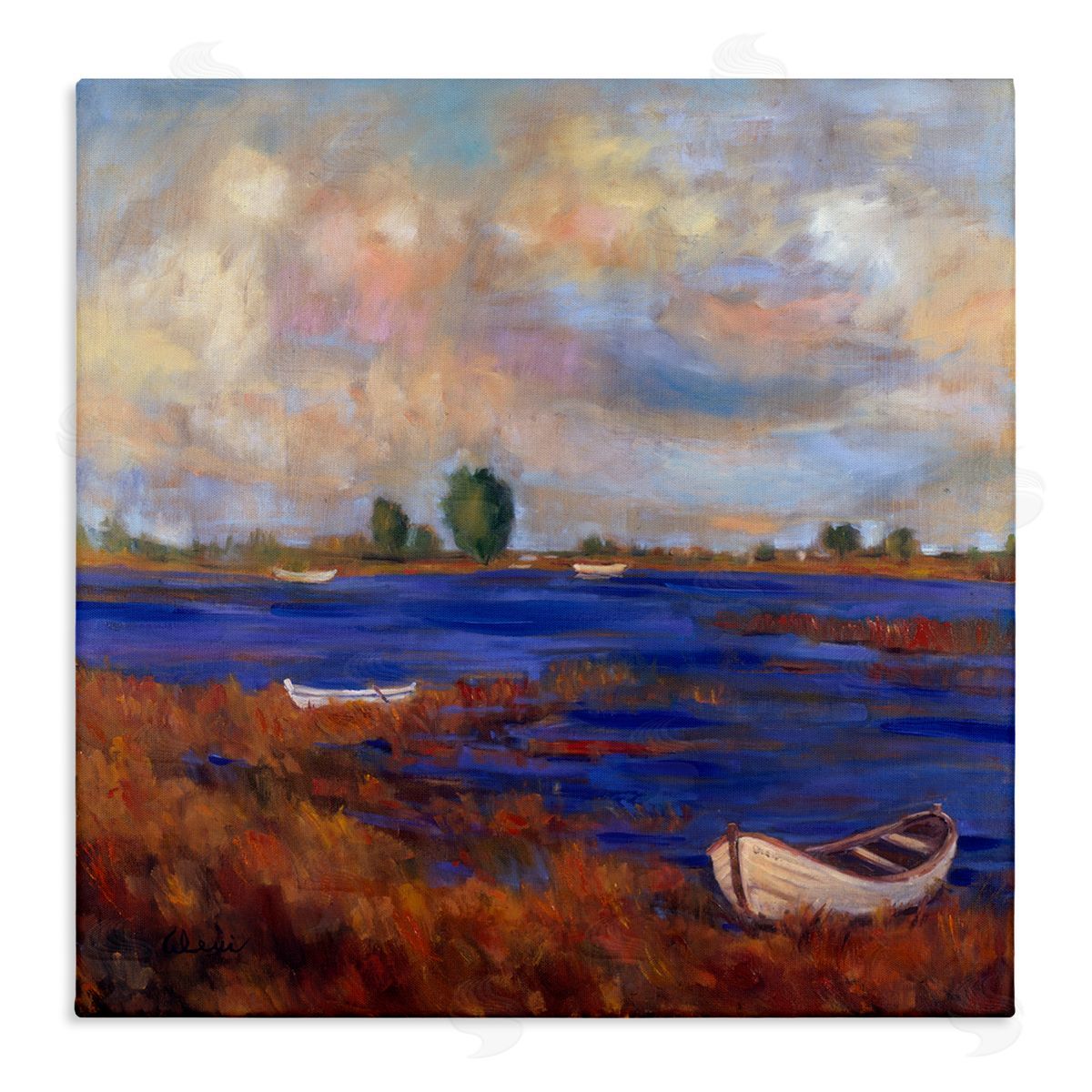Alexi Fine Boats on Lake Shore Canvas Wall Art
