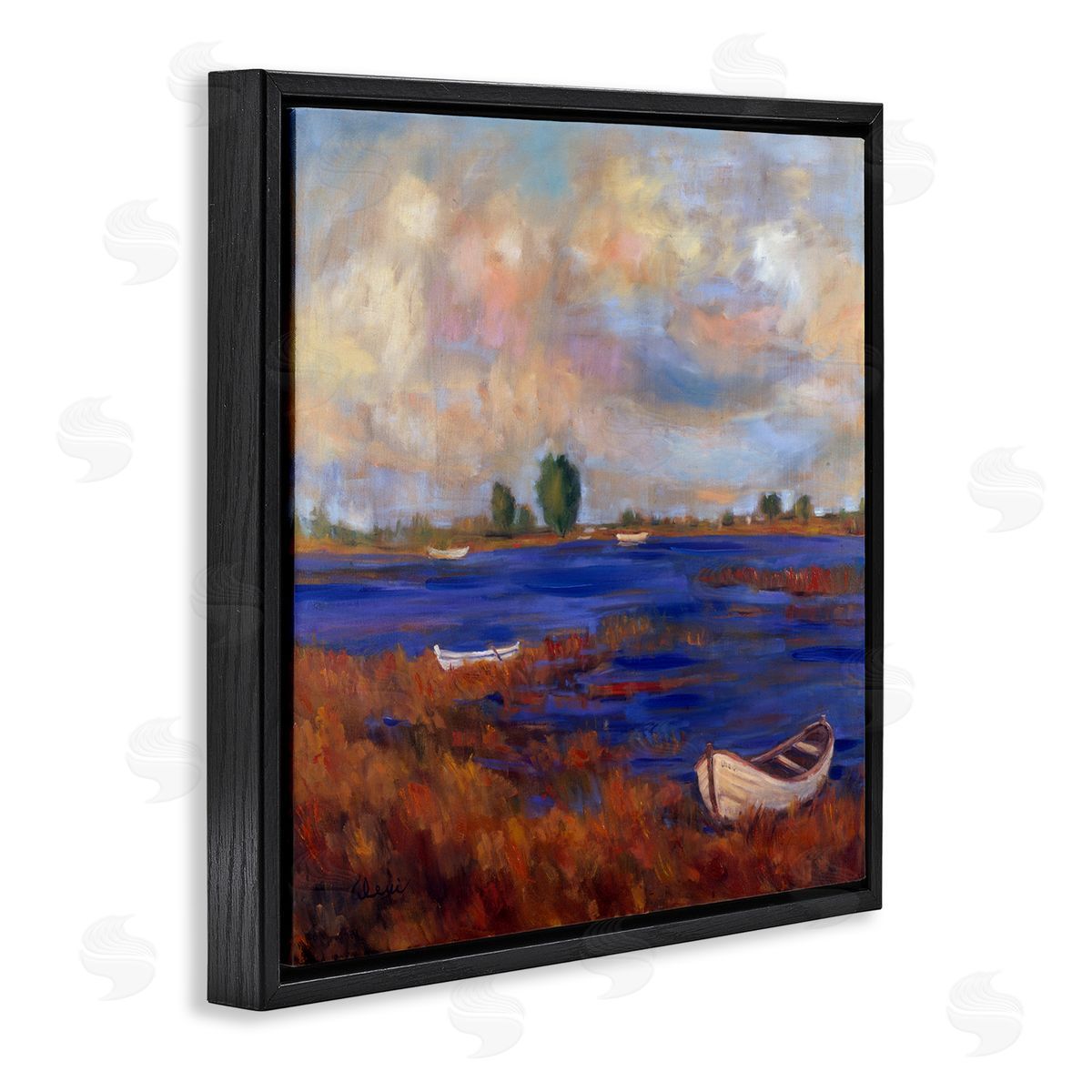 Alexi Fine Boats on Lake Shore Black Floater Frame Canvas Artside_