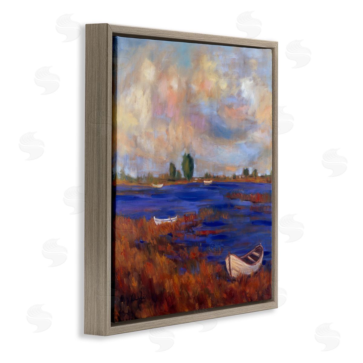 Alexi Fine Boats on Lake Shore Brown Floater Frame Canvas Artside_