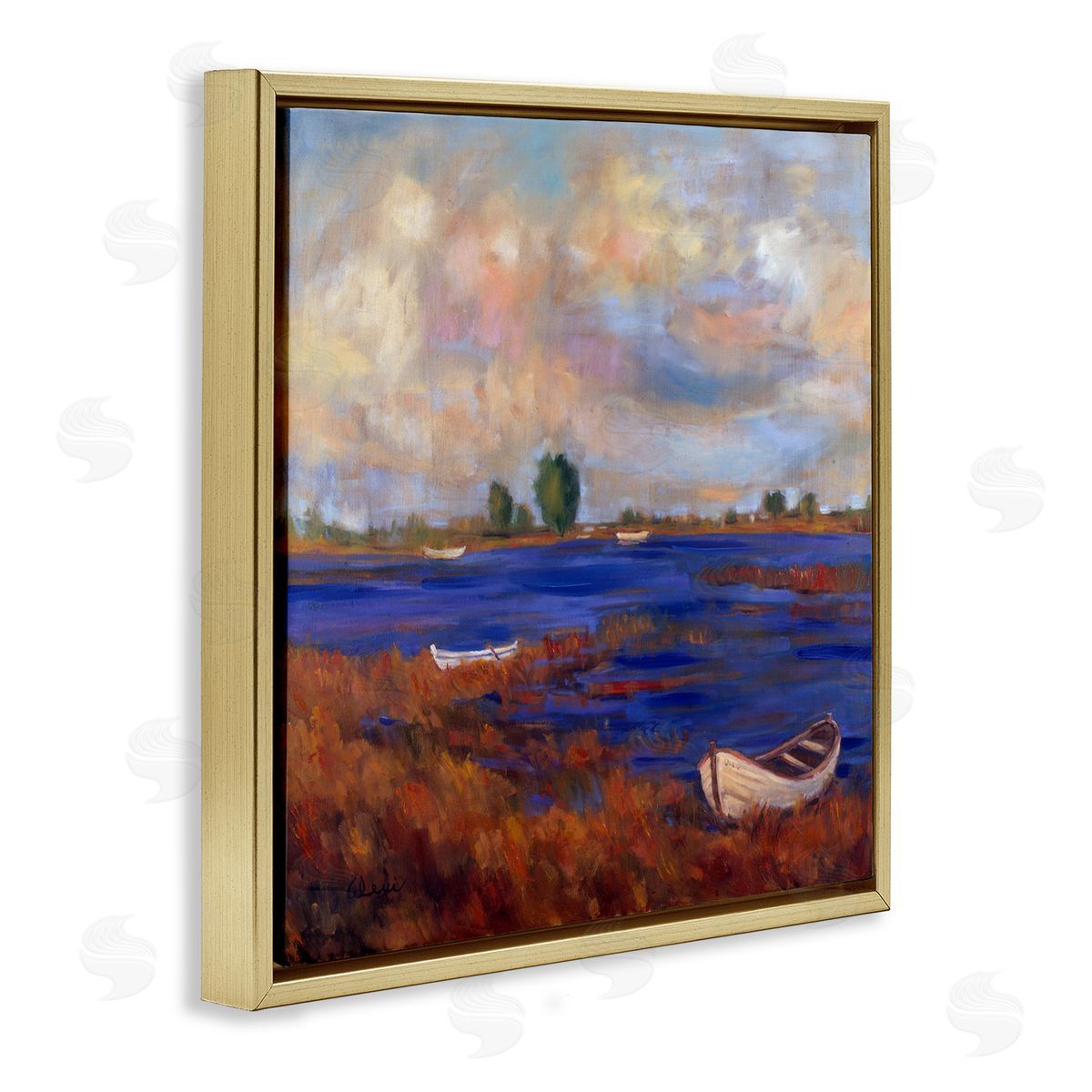 Alexi Fine Boats on Lake Shore Gold Floater Frame Canvas Artside_