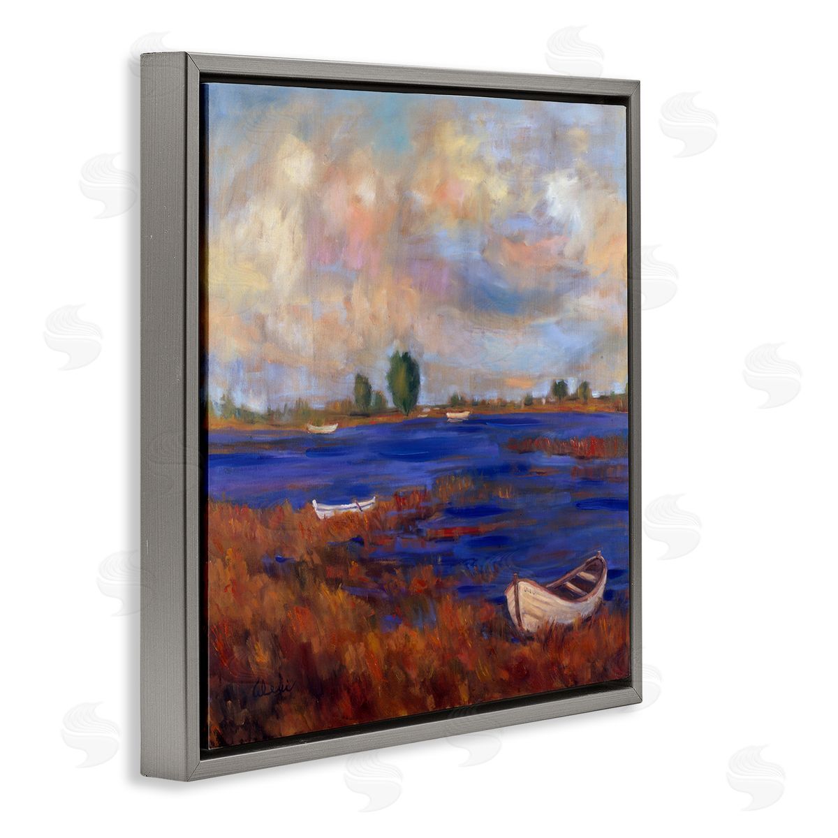 Alexi Fine Boats on Lake Shore Gray Floater Frame Canvas Artside_