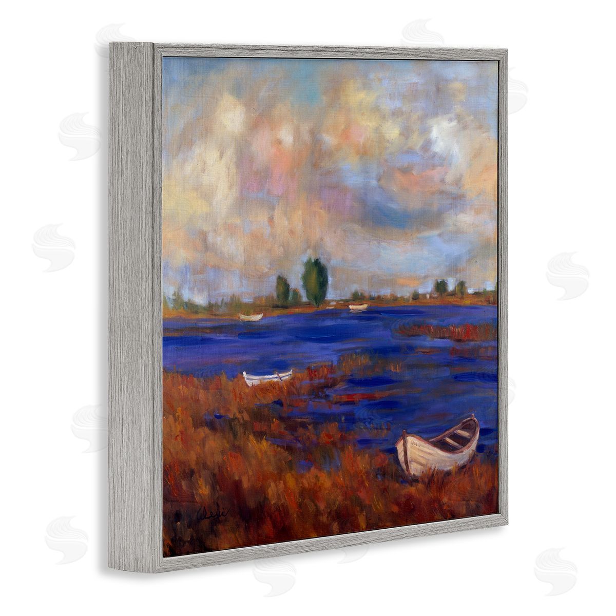 Alexi Fine Boats on Lake Shore Gray Framed Giclee Wall Artside_