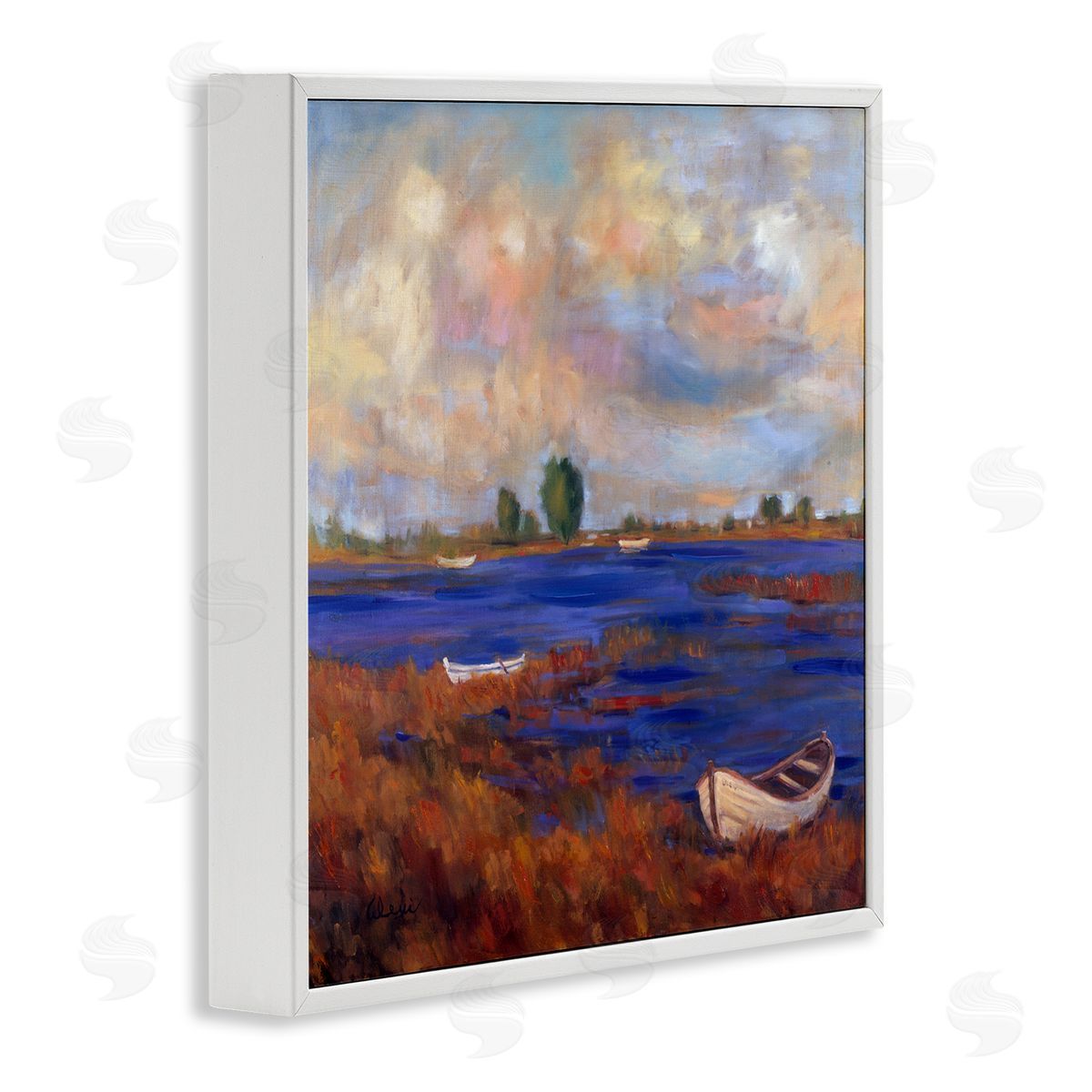 Alexi Fine Boats on Lake Shore White Framed Giclee Wall Artside_