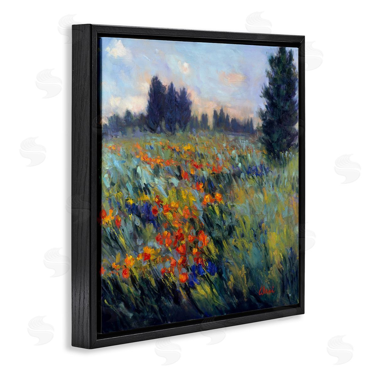 Flower Meadow Landscape Black Floating Frame Canvas Wall Art, Home Decor by Alexi Fine