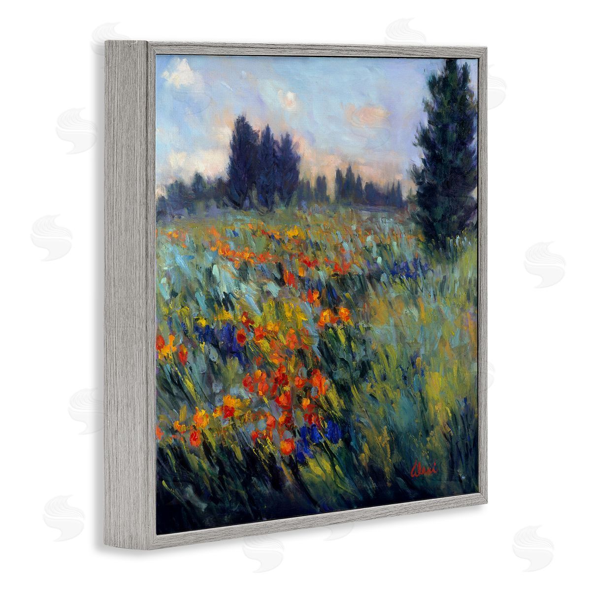 Flower Meadow Landscape Grey Frame Print Wall Art, Home Decor by Alexi Fine