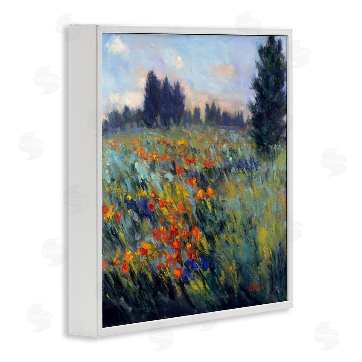 Flower Meadow Landscape White Frame Print Wall Art, Home Decor by Alexi Fine