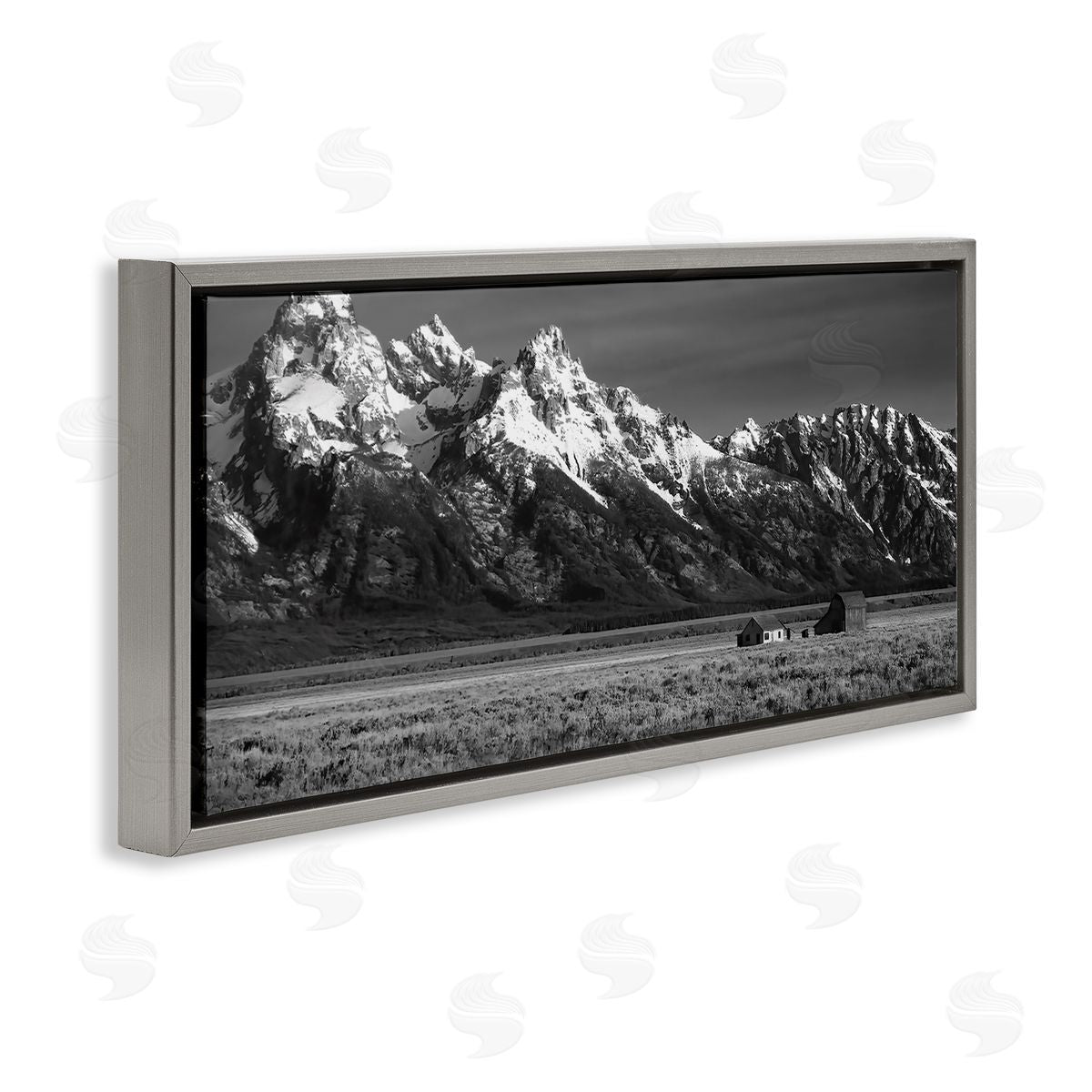 Steve Toole Rural Cabin & Mountains Gray Floater Frame Canvas Artside_