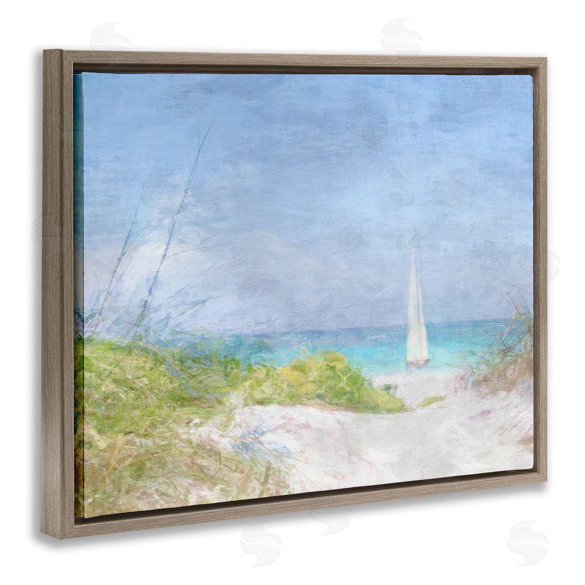 Noah Bay Sailboat & Beach Path Brown Floater Frame Canvas Artside_
