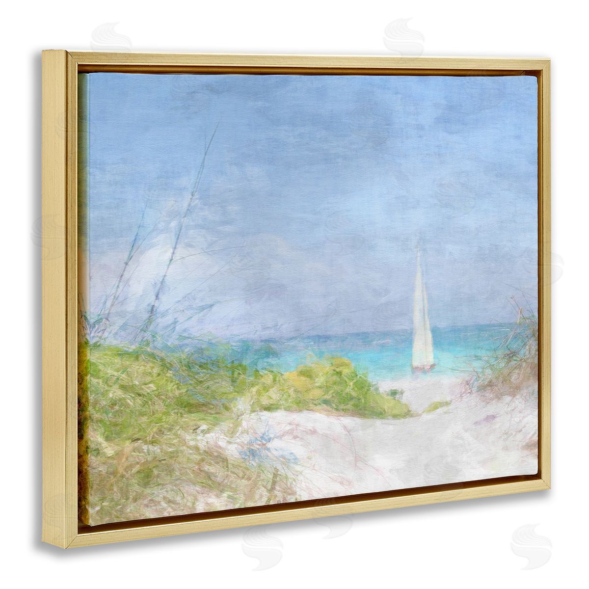 Noah Bay Sailboat & Beach Path Gold Floater Frame Canvas Artside_