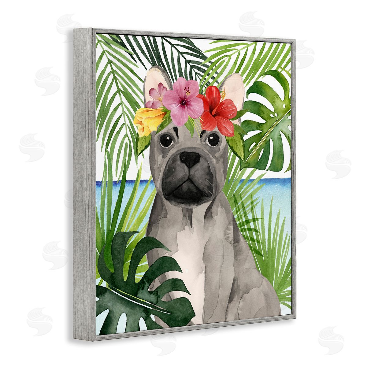 Grace Popp Tropical French Bulldog Gray Framed Giclee Wall Artside_