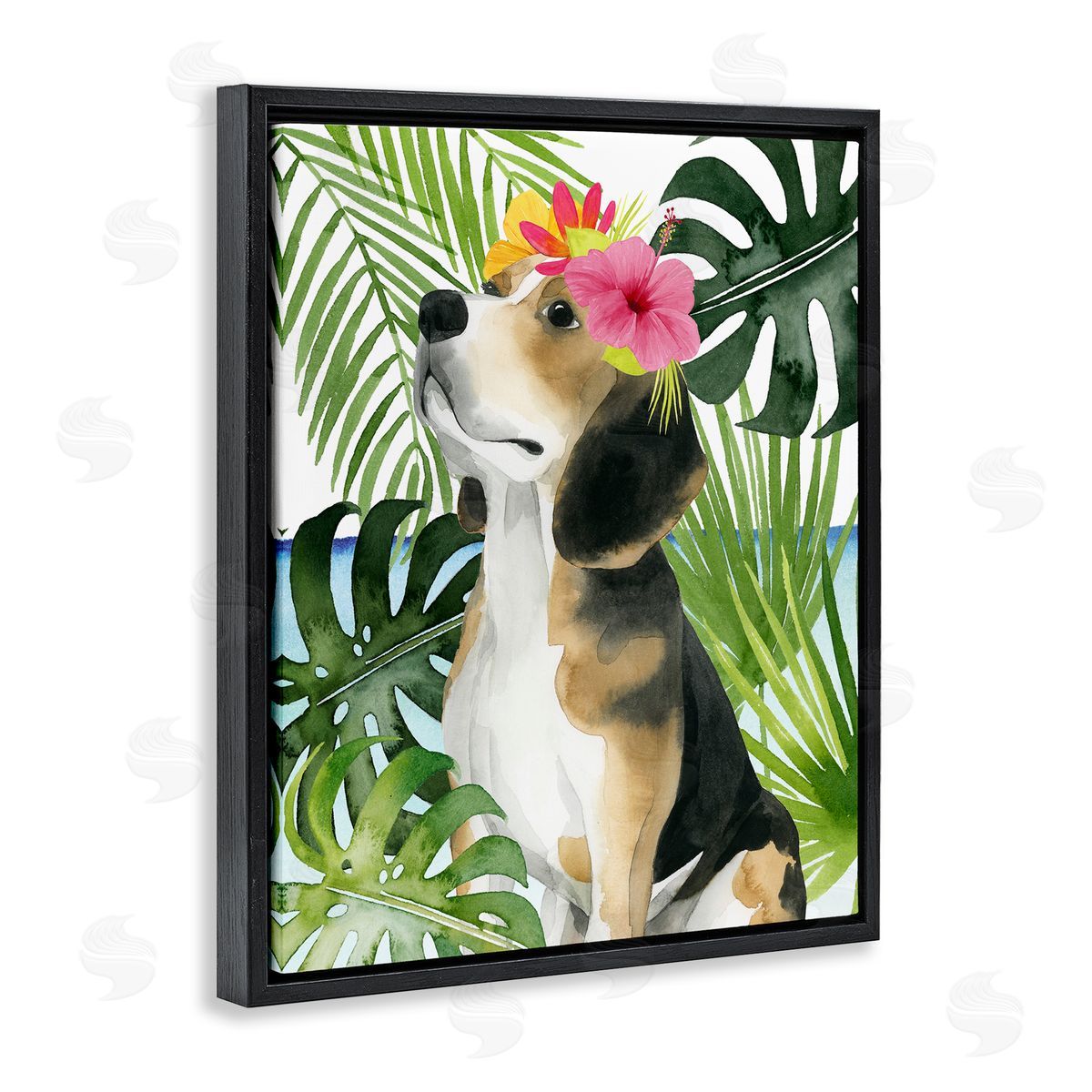 Grace Popp Puppy with Hibiscus Black Floater Frame Canvas Artside_