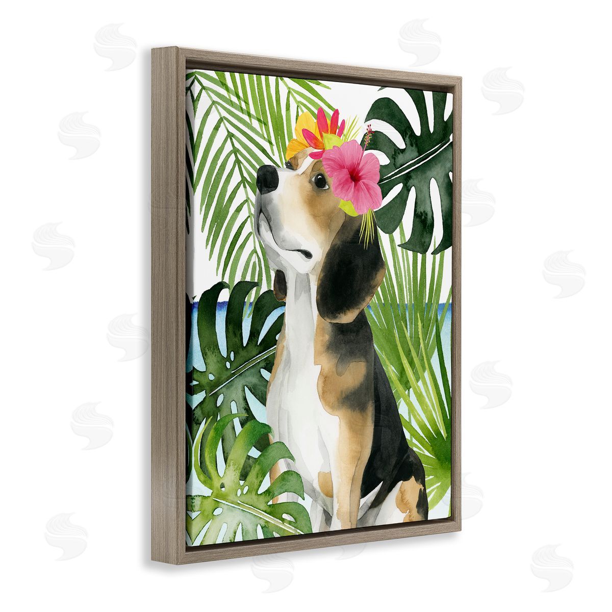 Grace Popp Puppy with Hibiscus Brown Floater Frame Canvas Artside_