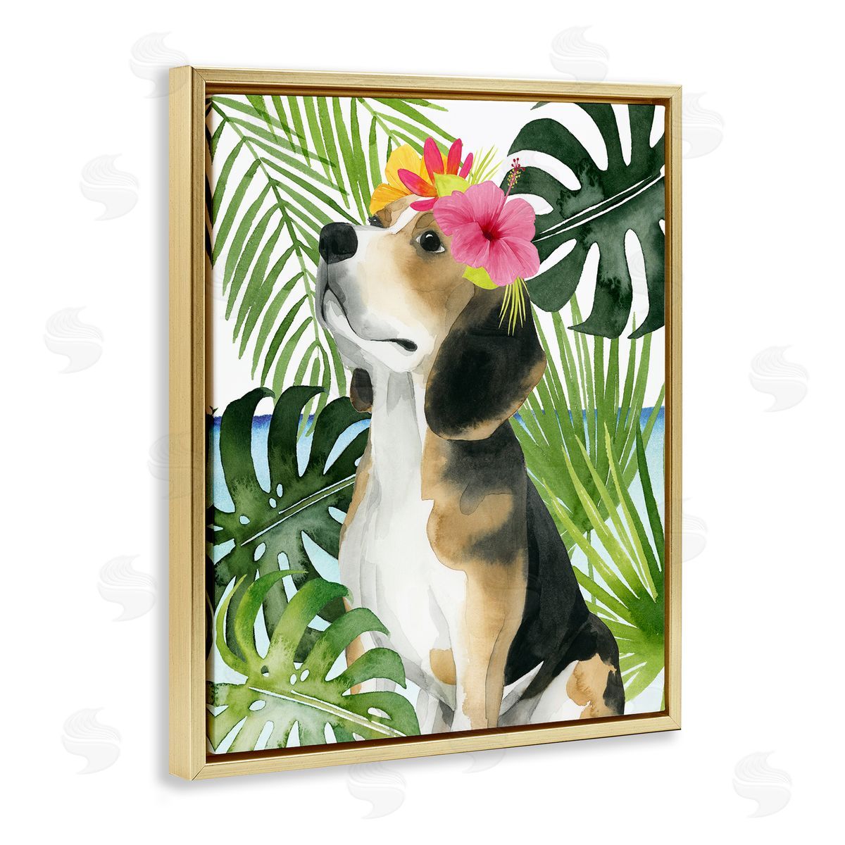 Grace Popp Puppy with Hibiscus Gold Floater Frame Canvas Artside_