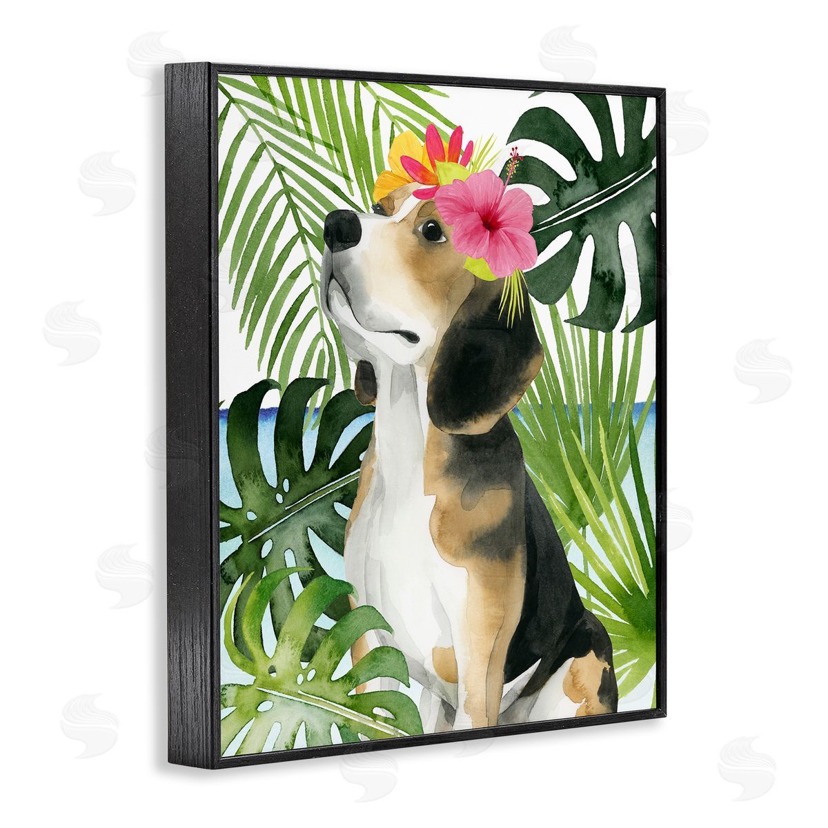 Grace Popp Puppy with Hibiscus Black Framed Giclee Wall Artside_