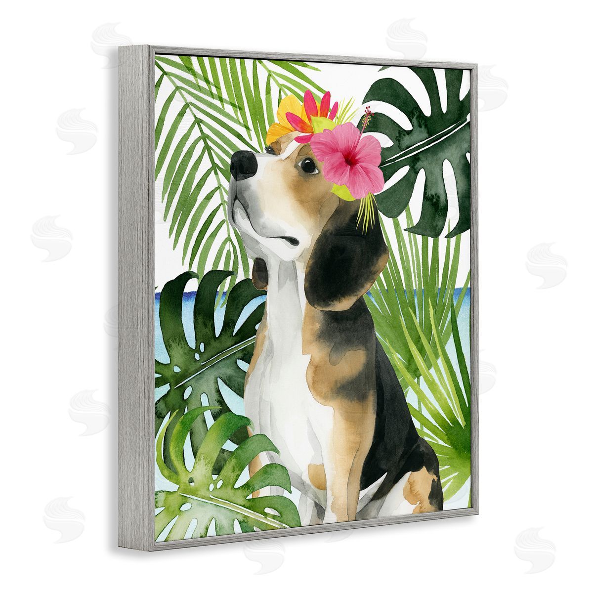 Grace Popp Puppy with Hibiscus Gray Framed Giclee Wall Artside_