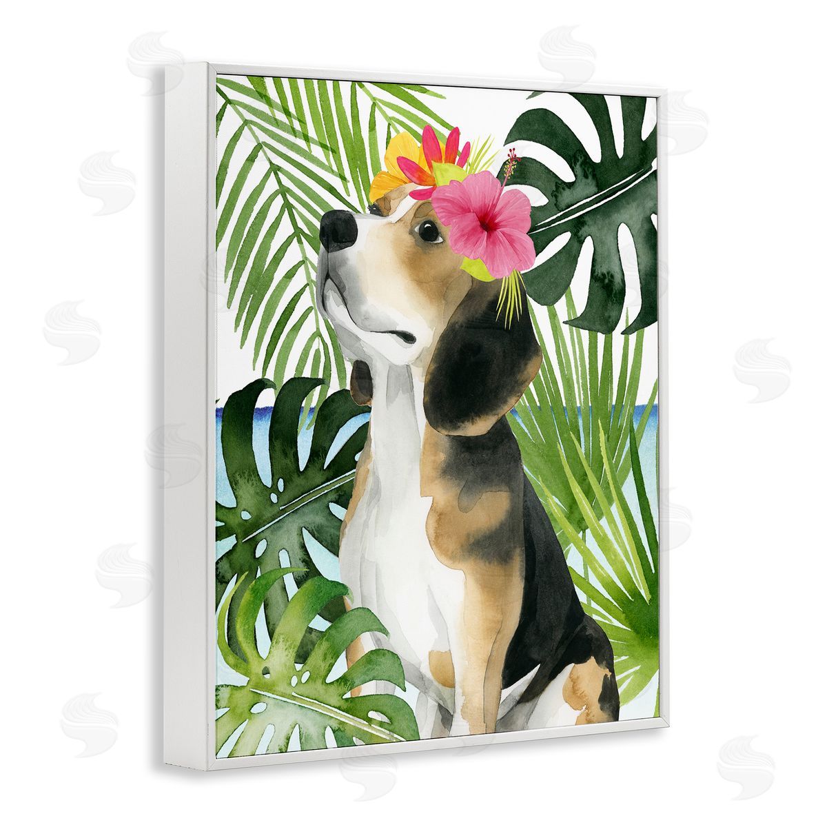 Grace Popp Puppy with Hibiscus White Framed Giclee Wall Artside_