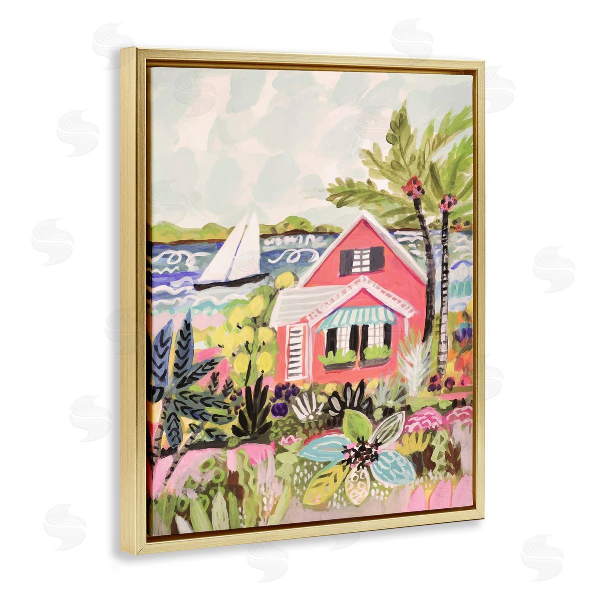 Karen Fields Tropical Cottage Scenery Gold Floater Frame Canvas Artside_