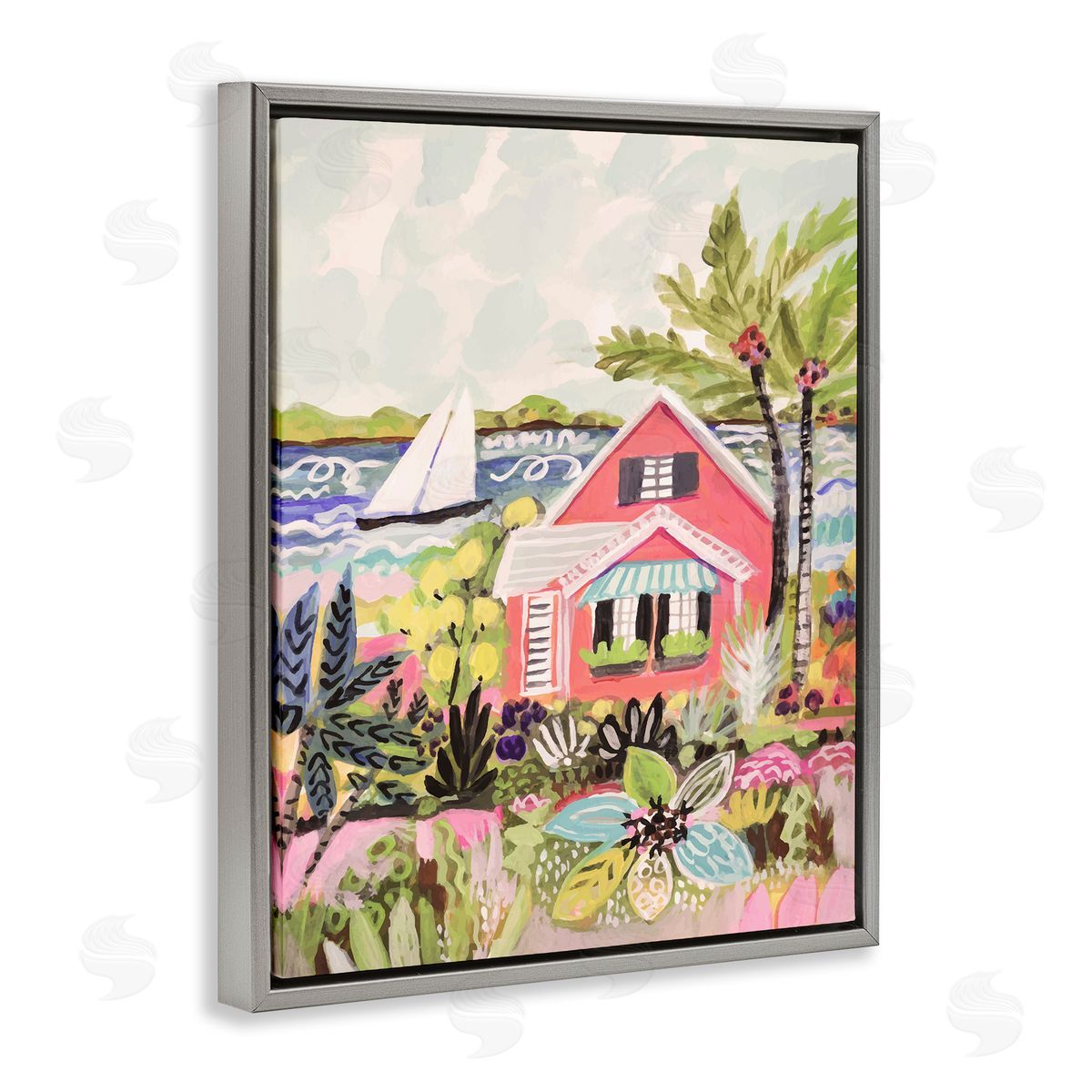 Karen Fields Tropical Cottage Scenery Gray Floater Frame Canvas Artside_
