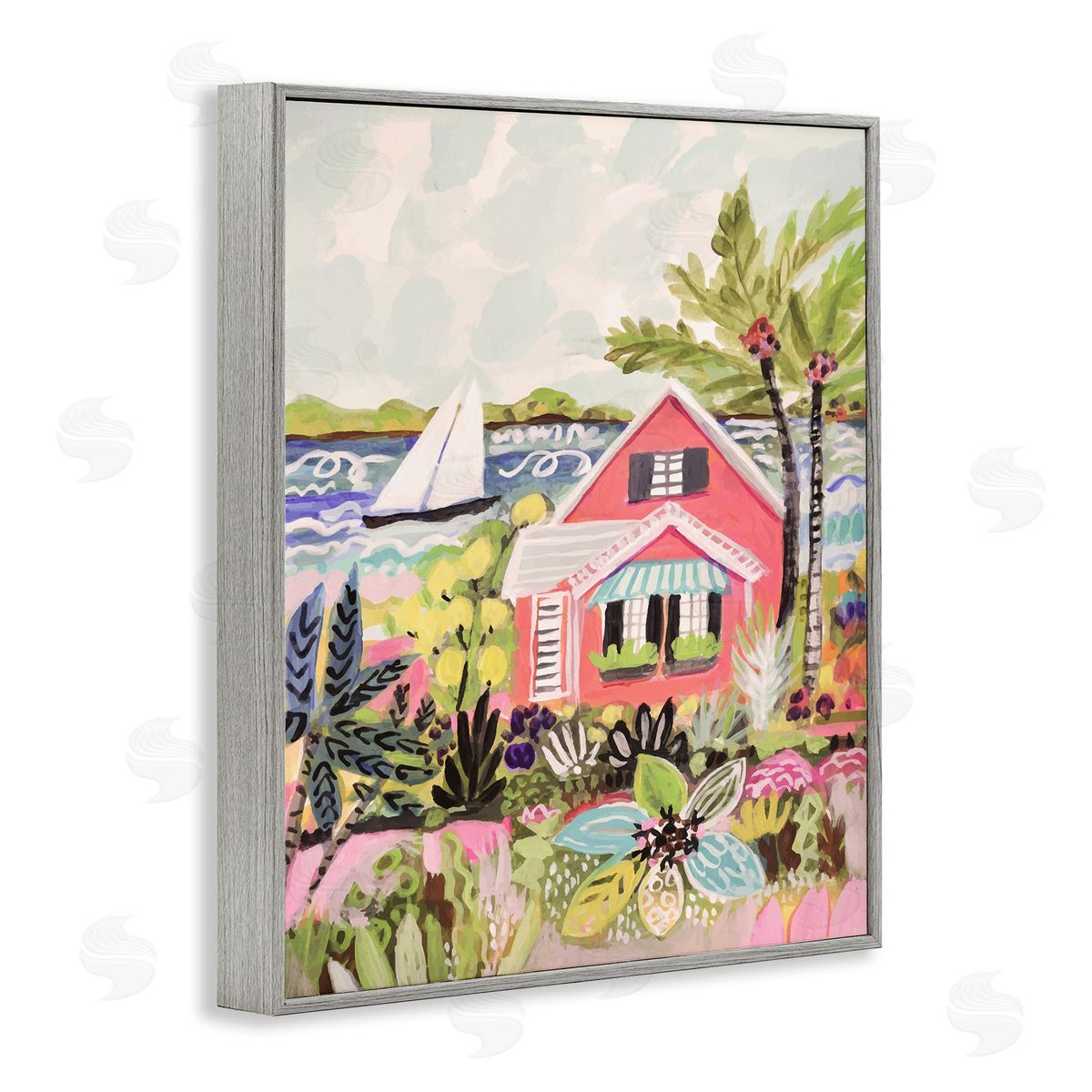 Karen Fields Tropical Cottage Scenery Gray Framed Giclee Wall Artside_