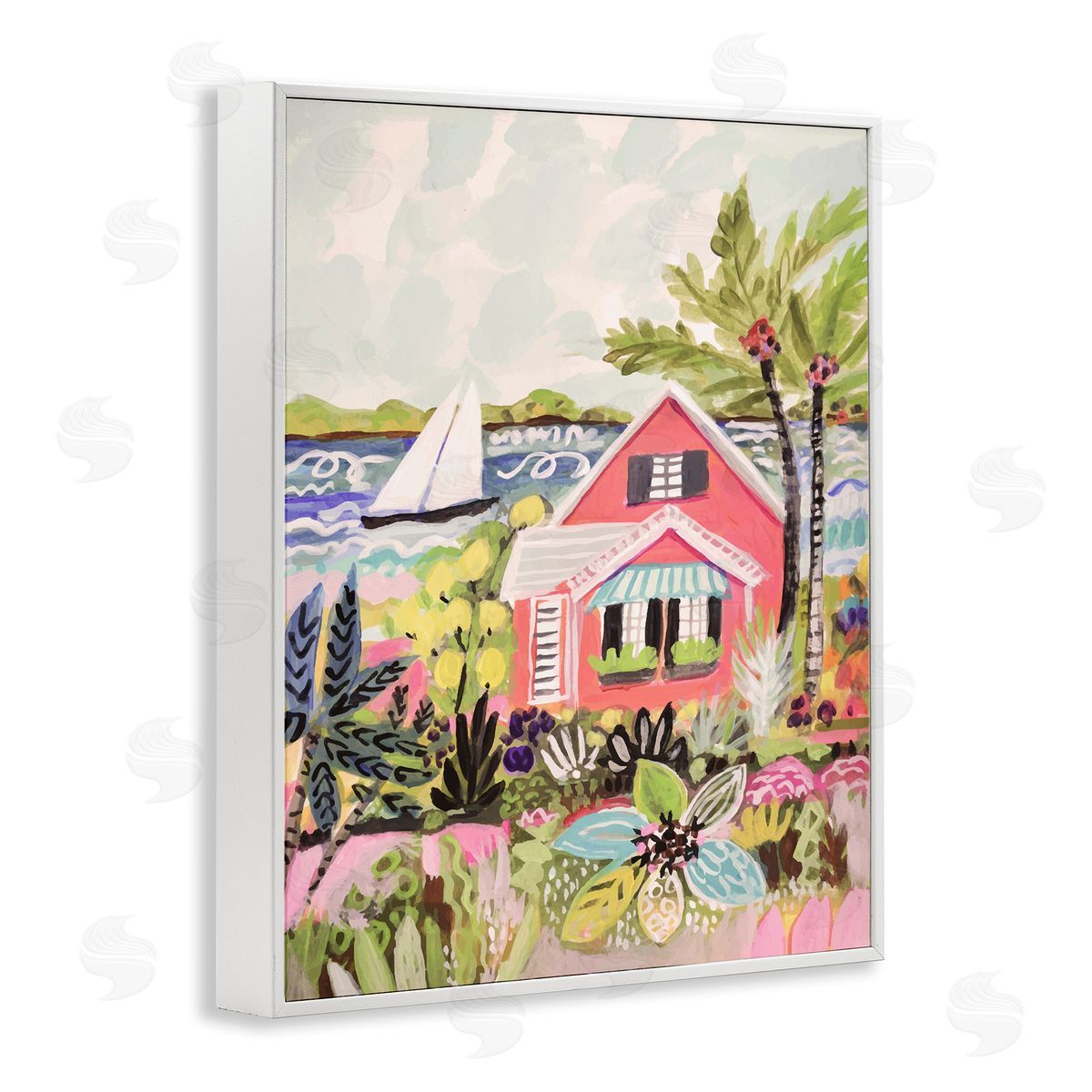 Karen Fields Tropical Cottage Scenery White Framed Giclee Wall Artside_
