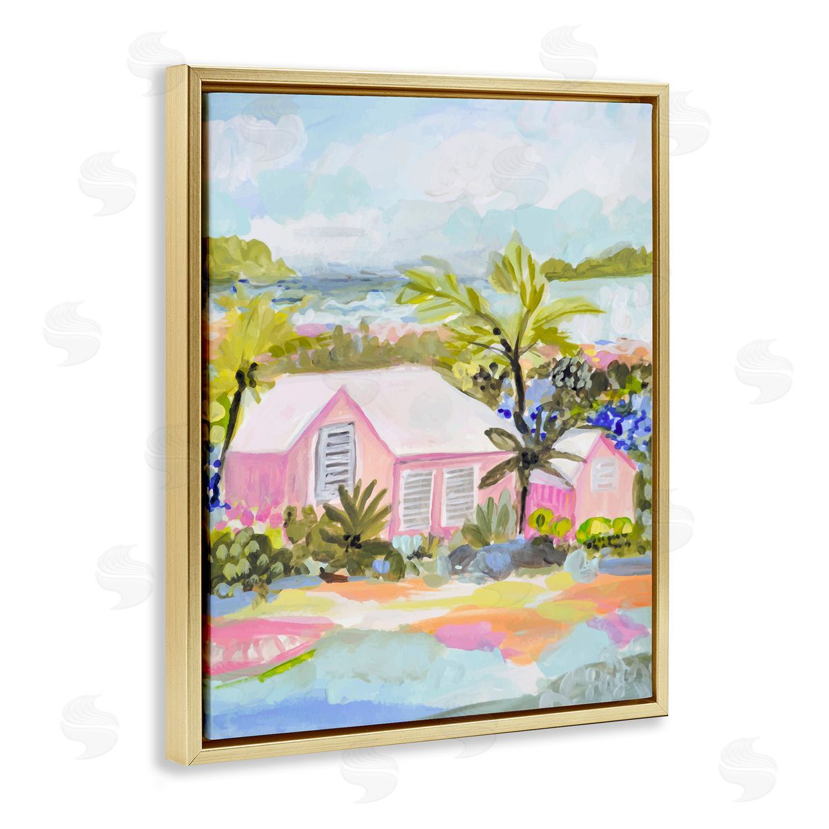 Karen Fields Pink Tropical Cottage Gold Floater Frame Canvas Artside_