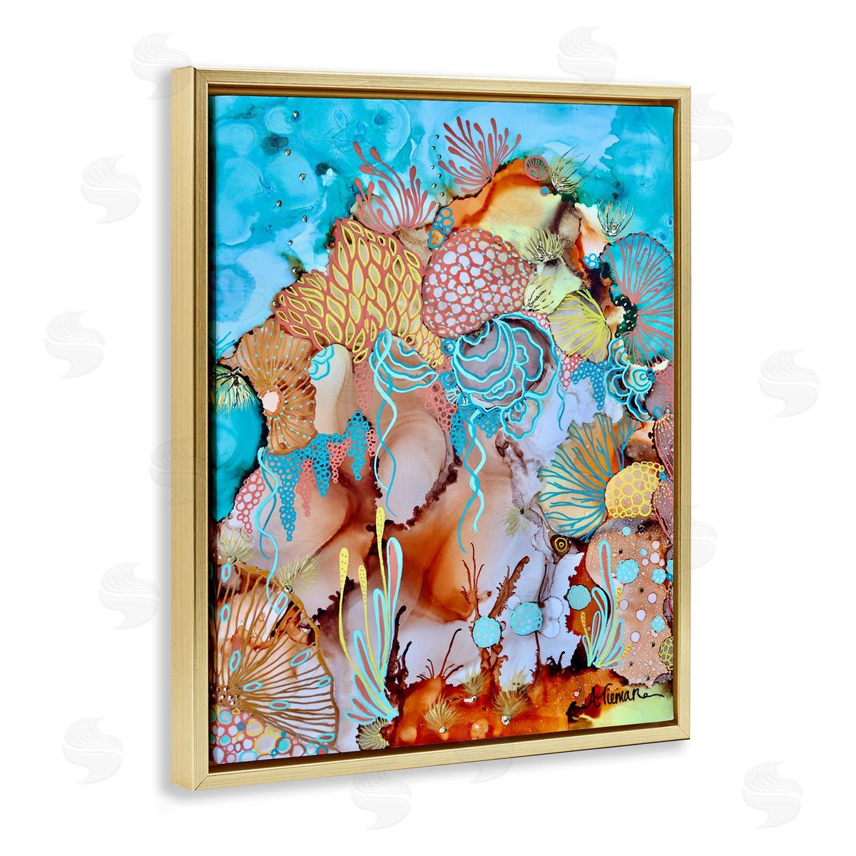 Amy Tieman Abstract Coral Reef Pattern Gold Floater Frame Canvas Artside_