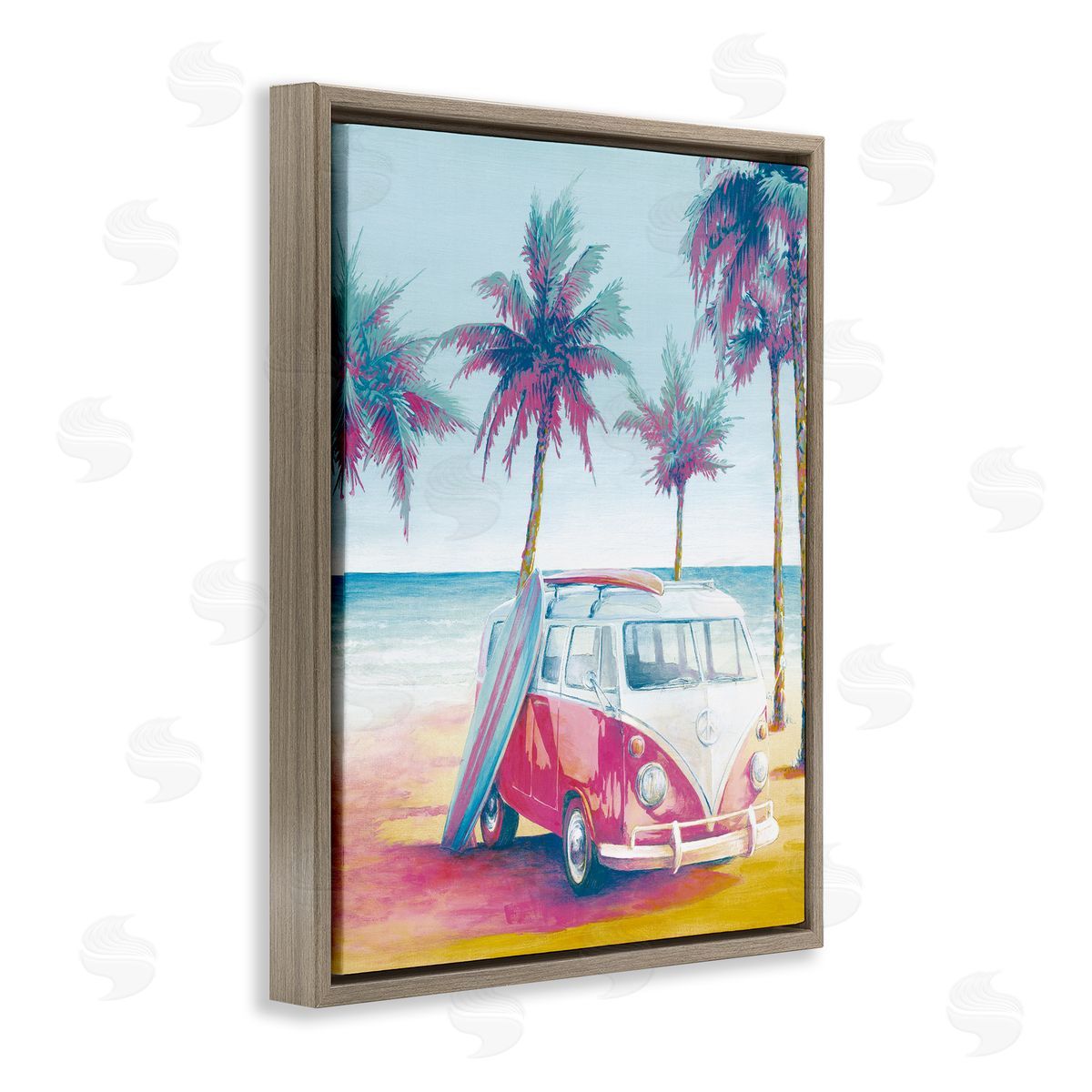 Cloverfield & Co. Tropical Minibus on Beach Brown Floater Frame Canvas Artside_