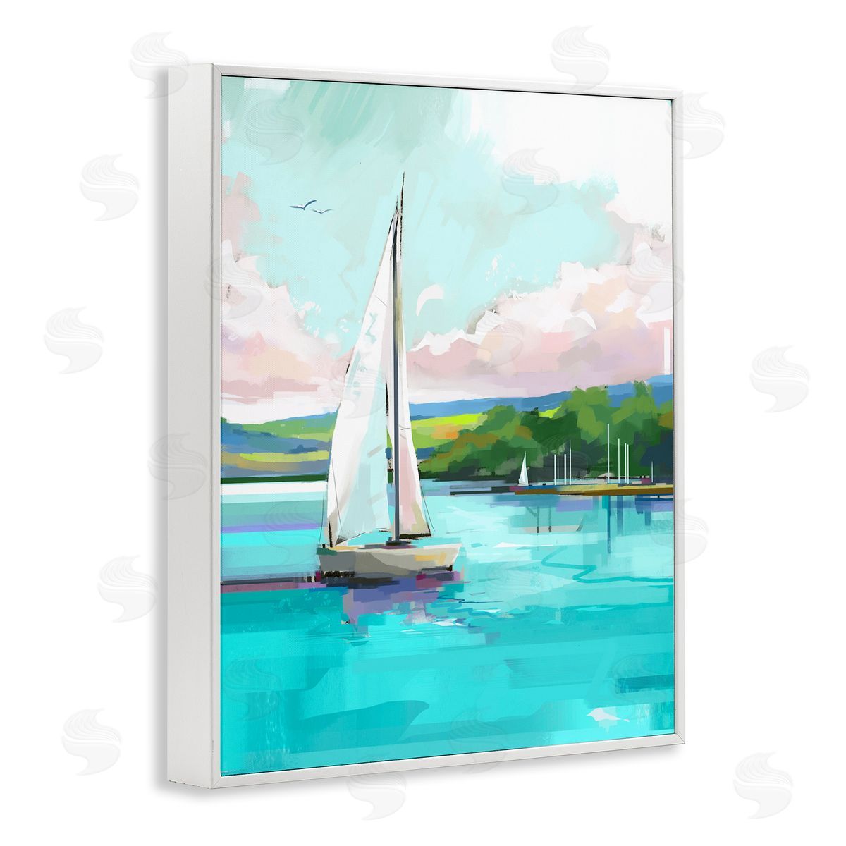 David Owens Illustration Sailboat in Coastal Marina White Framed Giclee Wall Artside_