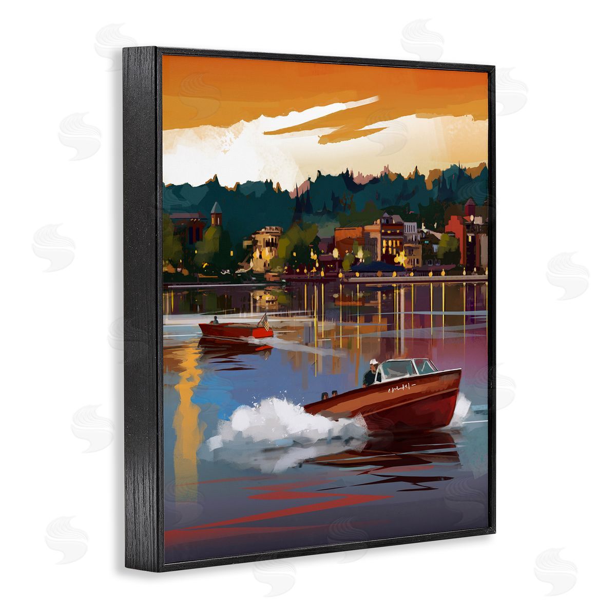 David Owens Illustration Boats at Sunset Pier Black Framed Giclee Wall Artside_