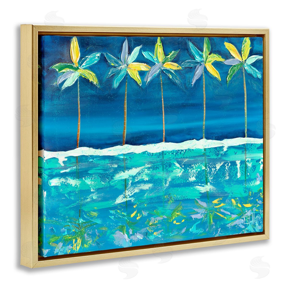 Estelle Grengs Blue Abstract Palms Gold Floater Frame Canvas Artside_