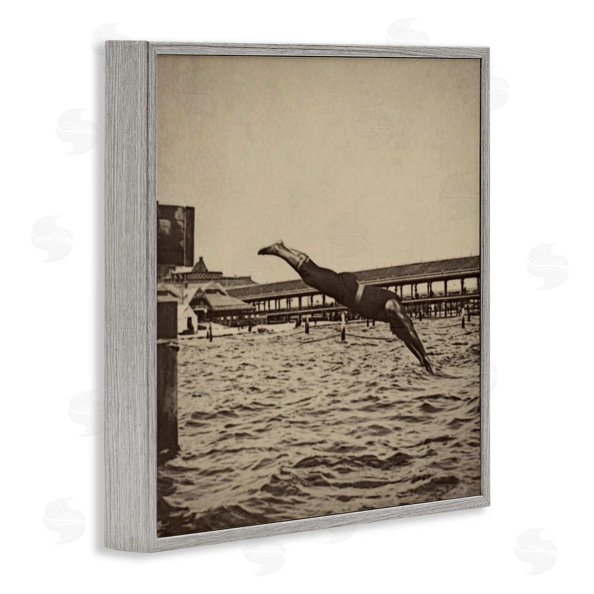Graffitee Studios Vintage Diving Man Gray Framed Giclee Wall Artside_