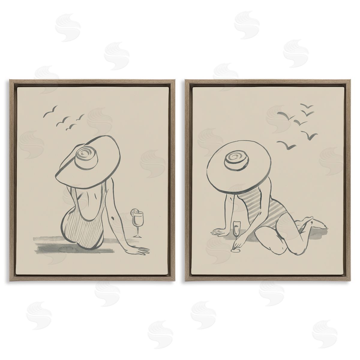Grace Popp Female Figure Drawing Poolside Brown Floating Frame Canvas Wall Art Print