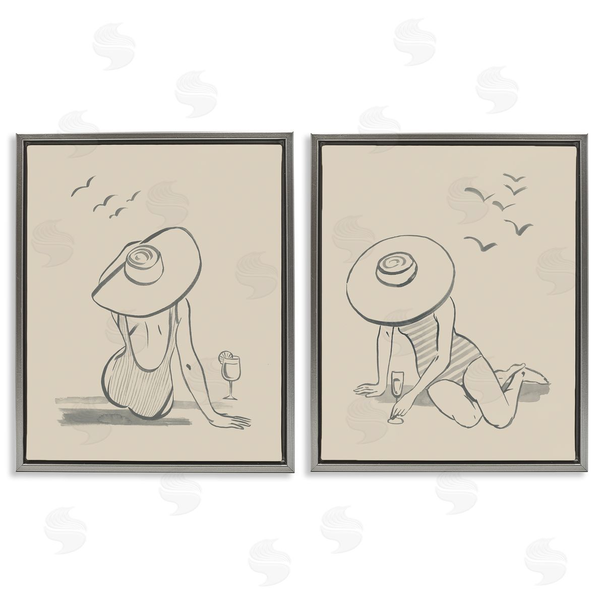 Grace Popp Female Figure Drawing Poolside Gray Floating Frame Canvas Wall Art Print