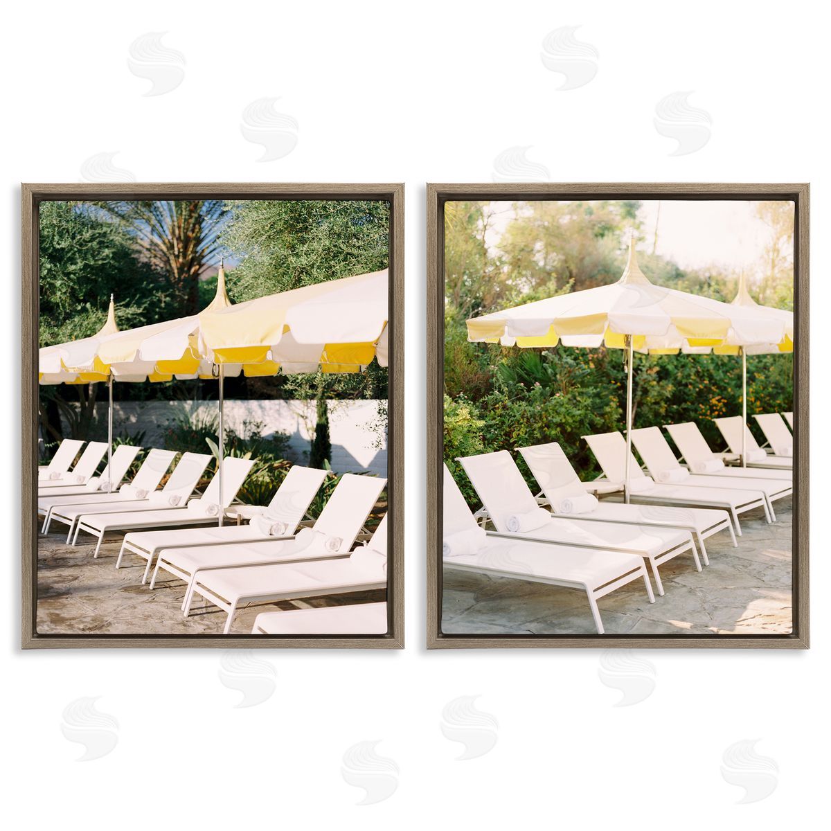 Justine Milton Chaise Lounges with Umbrellas Brown Floating Frame Canvas Wall Art Print